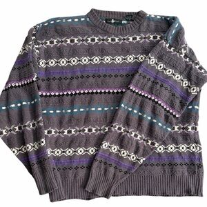 VTG Hunt Club Knit Sweater Gray Purple Teal Geometric‎ Pattern 100% Cotton Men L